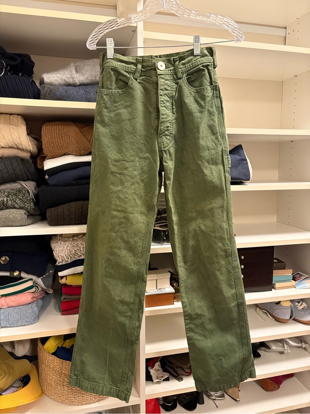 Jesse Kamm Olive Green High-Rise Straight Carpenter style Chinos